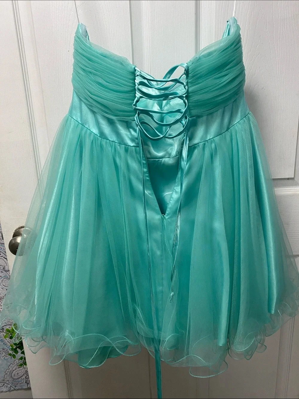 Sherri Hill Aqua Tulle Party Dress with Jeweled Waistband